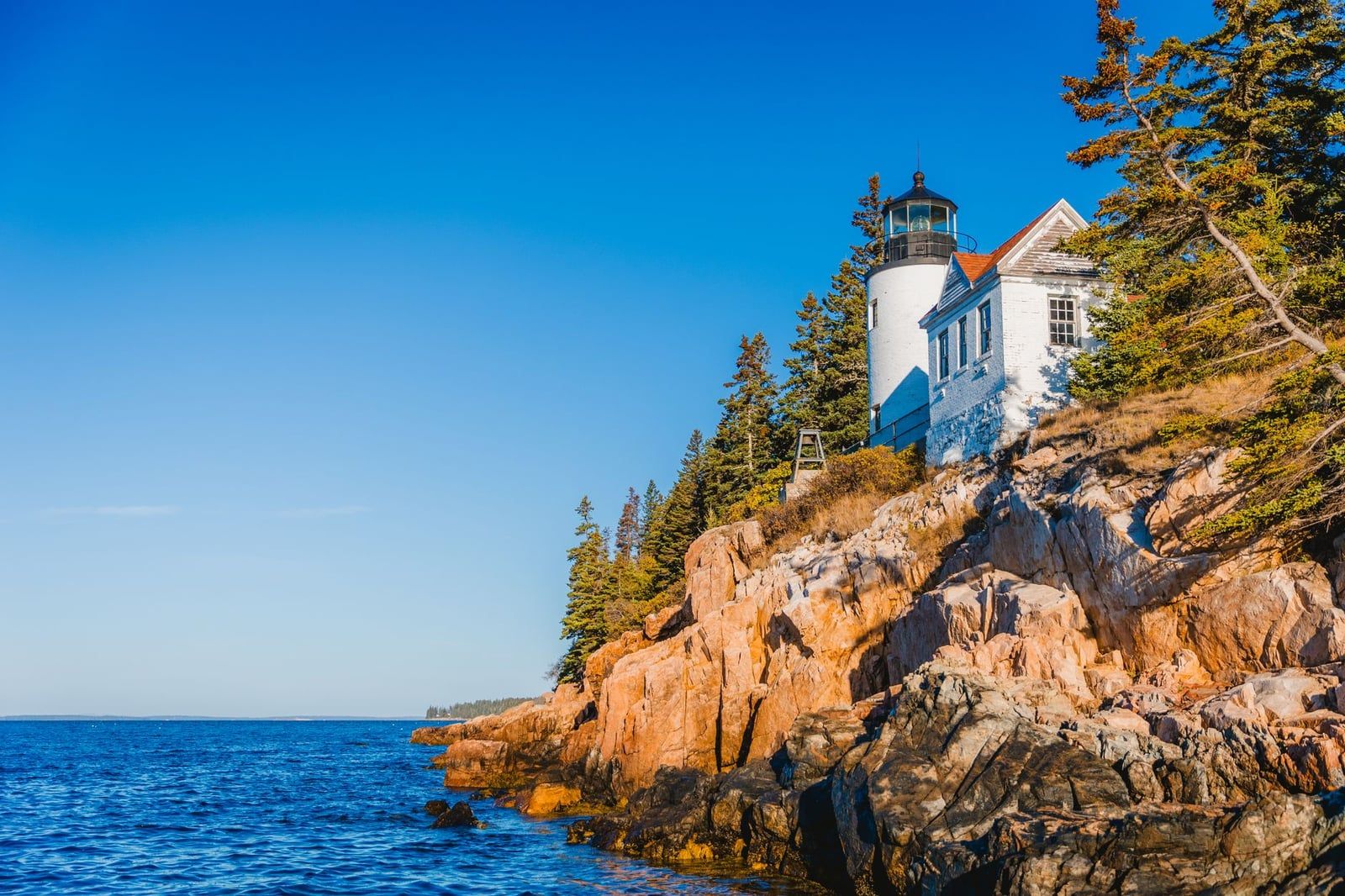 Das Bass Harbor Head Lighthouse steht vor einem klaren blauen Himmel auf rosafarbenen Granitklippen im Acadia-Nationalpark.