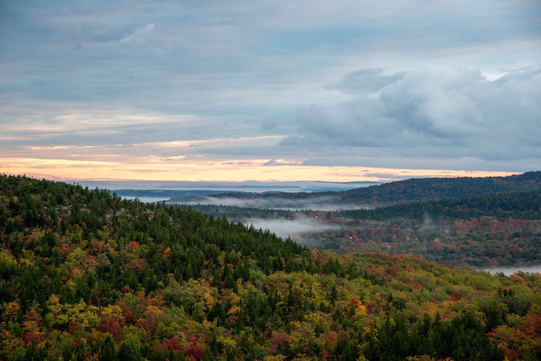 Low clouds drift over colorful autumn tree canopies in Acadia National Park under a sunrise sky.