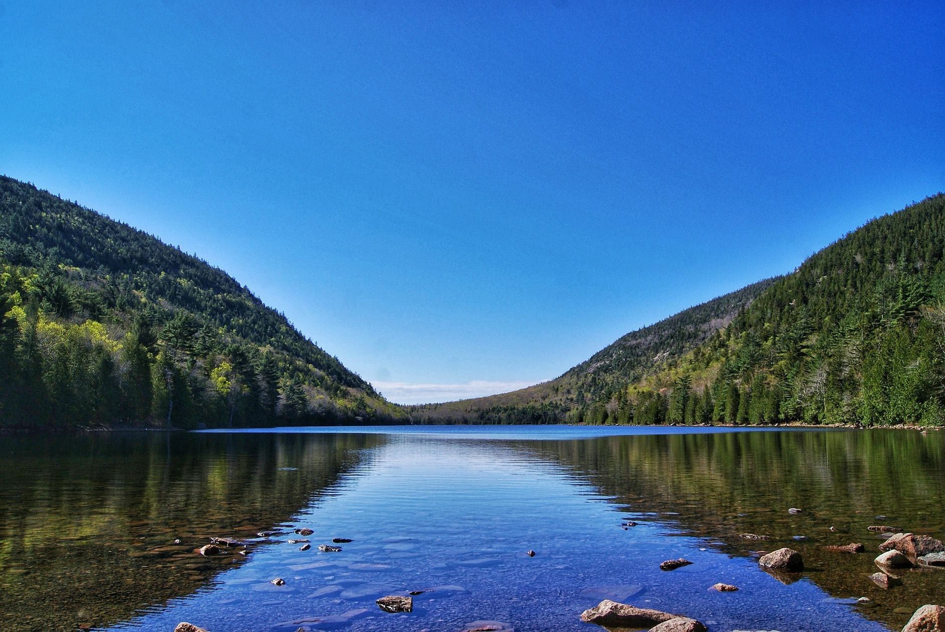 Calm waters of Jordan Pond reflect forested mountains and a clear blue sky in Acadia National Park.